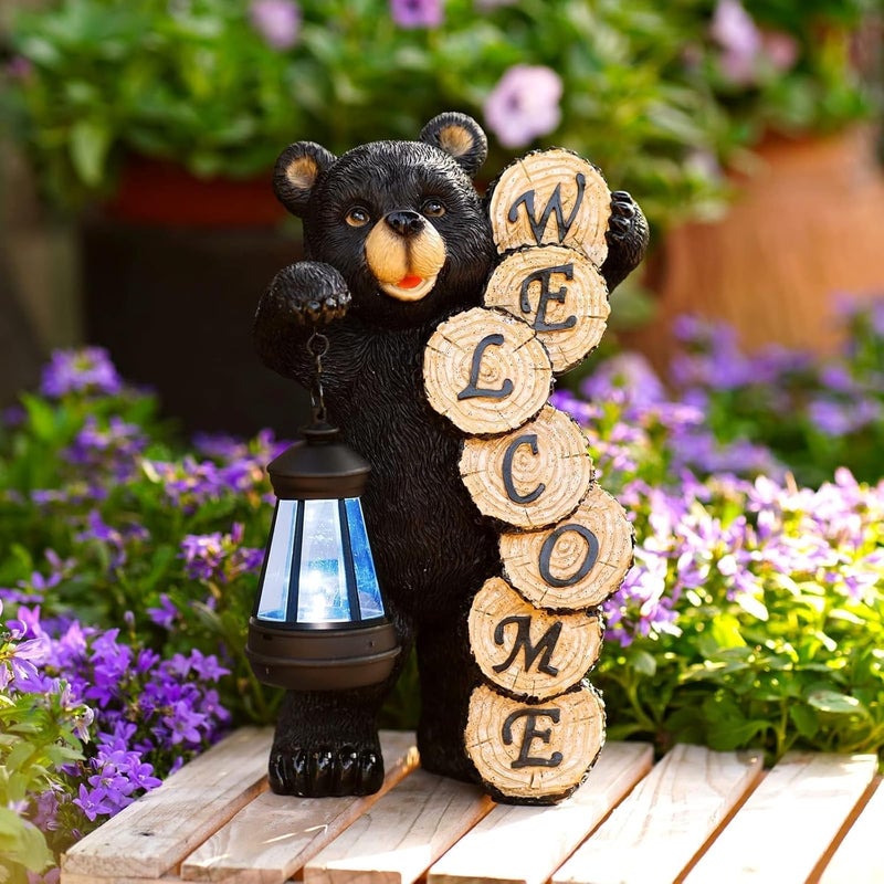 Qeeman Solar Bear Garden Decor Statues: Patio Porch Balcony Yard Art Lawn Ornaments Outdoor Outside Decorations - Birthday Gifts for Mom Grandma Women - Image 1